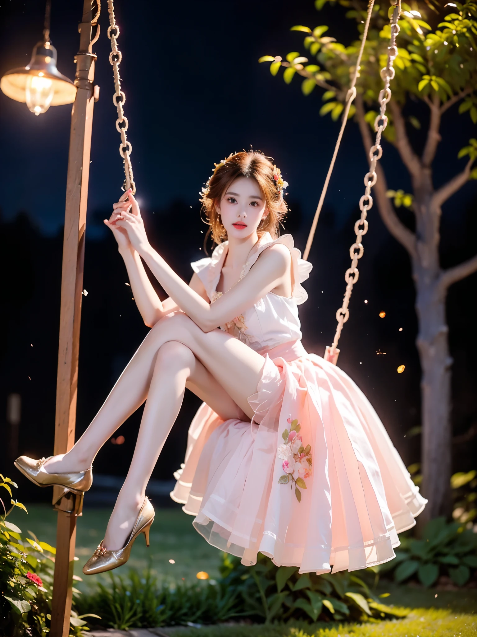pleated skirt,pink skirt,pink sailor collar, ,, (full body:1.4),photorealistic 8k masterpiece,A graceful woman seated on a swaying garden swing,dynamic camera angle (1.4),(perfect anatomical proportions:1.3),one leg fully extended with pointed foot,other leg slightly bent at knee (natural leg curvature:1.2),slender toned legs with defined calf muscles (1.2),delicate ankles highlighted by soft moonlight,night garden filled with blooming roses and fireflies,warm bokeh background with depth of field,direct eye contact (1.15),realistic skin texture with subtle highlights on legs,gentle motion blur on swinging chains,romantic atmosphere enhanced by golden hour lighting,hyper-detailed fabric folds and floral elements