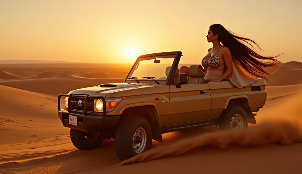 Himanshi khurana posing with land cruiser in desert, real photo 