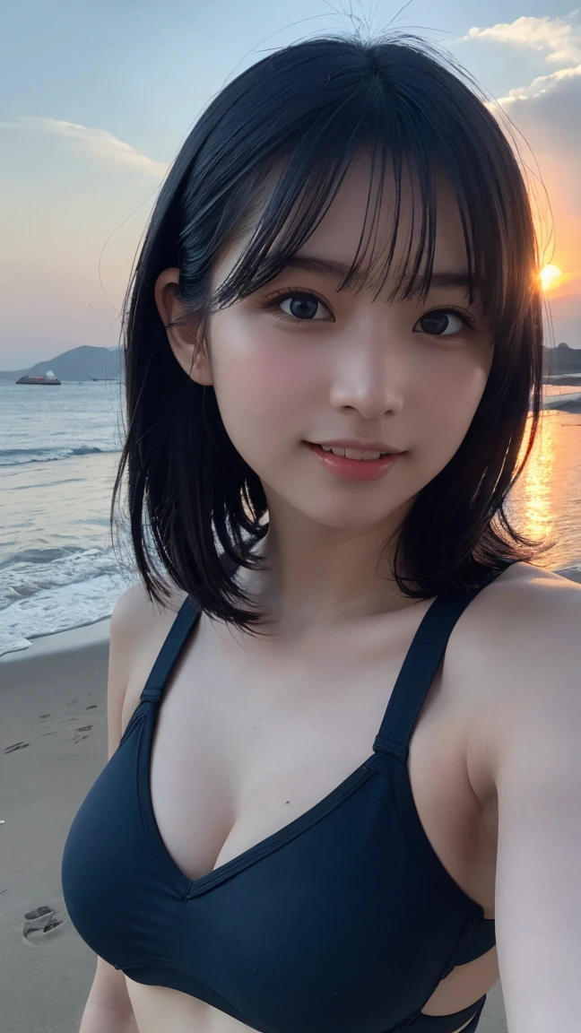 Very detailed CG Unity 8k wallpaper, Highest quality, Very detailed, masterpiece, Realistic, Realistic, Very detailed Japanese cute girls, (18Year), blush, Round eyes, Thick eyebrows chest, Semi Body Shot,  High-resolution RAW color photos, Professional photos, Portrait of sexy girl、Anatomically correct body shape、Healthy body shape、Brown short hair、smile、naked、Beach volleyball player、Write your hair、Front view、Wearing a jersey jacket、Show your side、Wet Skin、Wet Hair、Avoid the same pose、Selfie for 1 girl