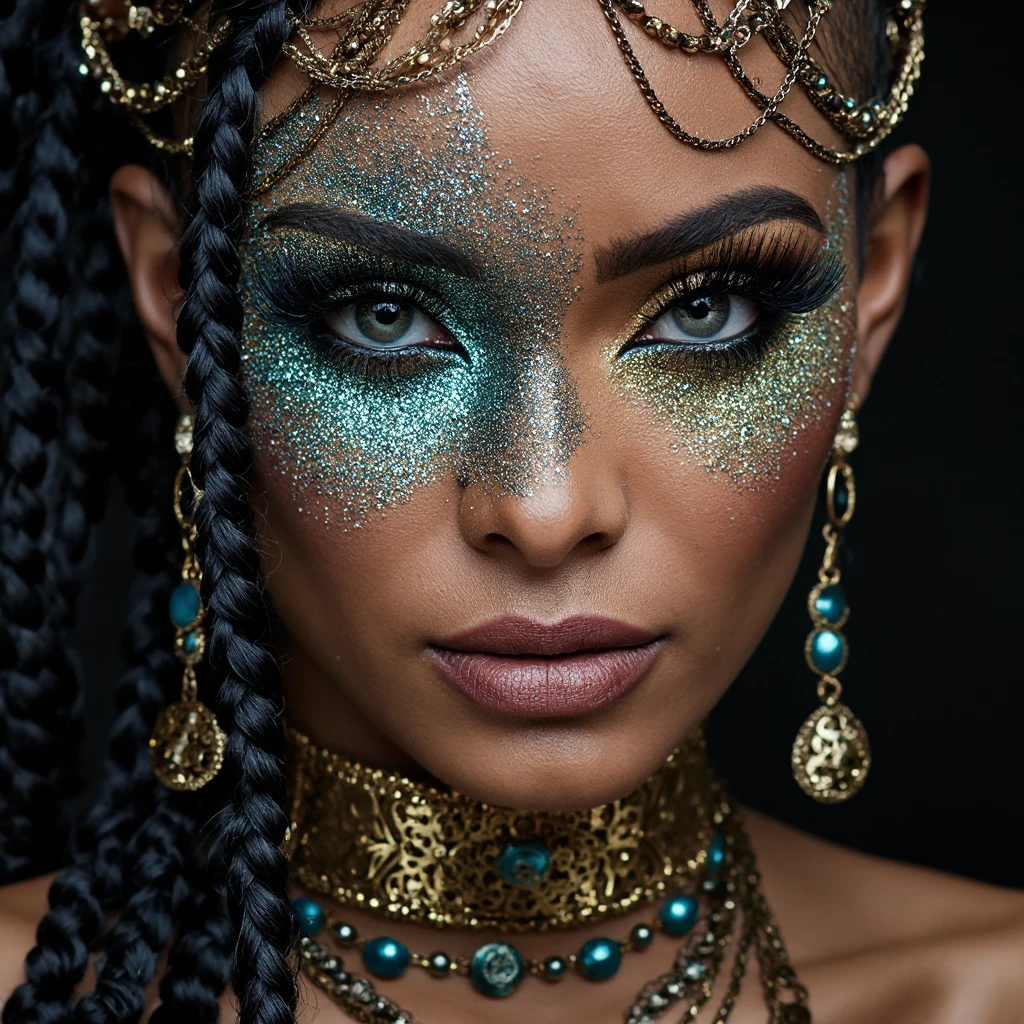 32k, total nude full body view from head to toe of black skin asian face young skinny petite woman, ((without clothes, black skin, absolutely nude, small boobs)), very beautiful tribal raccoon sexy skinny young 20 yo woman with excessive intricately detailed vivdly colorful facepaint bodypaint makeup, stunning radiant teal eyes, gorgeous white hair with pink highlights, magical night sky background, (total nude) full length body shot, trending on artstation, sharp focus, studio photo, intricate details, highly detailed, 32K resolution, perfect composition, perfect face, ultra detailed
