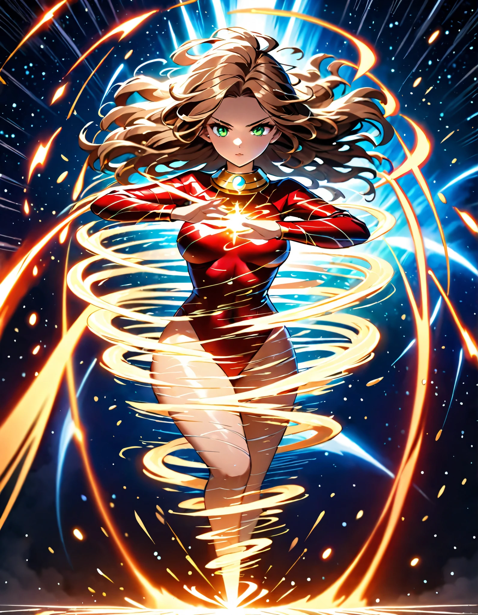 (masterpiece), (best quality), (high res), 1lady, tall body, beautiful detailed eyes, beautiful detailed face, serious, perfect hands, complete fingers, perfect anatomy, perfect proportions, ((brown hair, medium hair)), ((green eyes)), ((leotard, red leotard, matching leotard)), ((white dress collar, open collar)), ((bare legs)), ((boots, matching boots, ankle-high boots, red boots)), breasts, medium breasts, (full body portrait), looking at viewer, (solo, solo focus), cowboy shot, space backdrop, ((yellow V (symbol) on chest)), ((red leather jacket, open jacket)), full body costume design. ((raised arms, spins fast in place like a (tornado), raised arms, (standing position), close legs, (she spins) at an incredible speed, creating a (whirlwind) of air around her, cyclone spinning)), ((spiral lines, spinning energy pulse around her)). Curved Sword Slash.