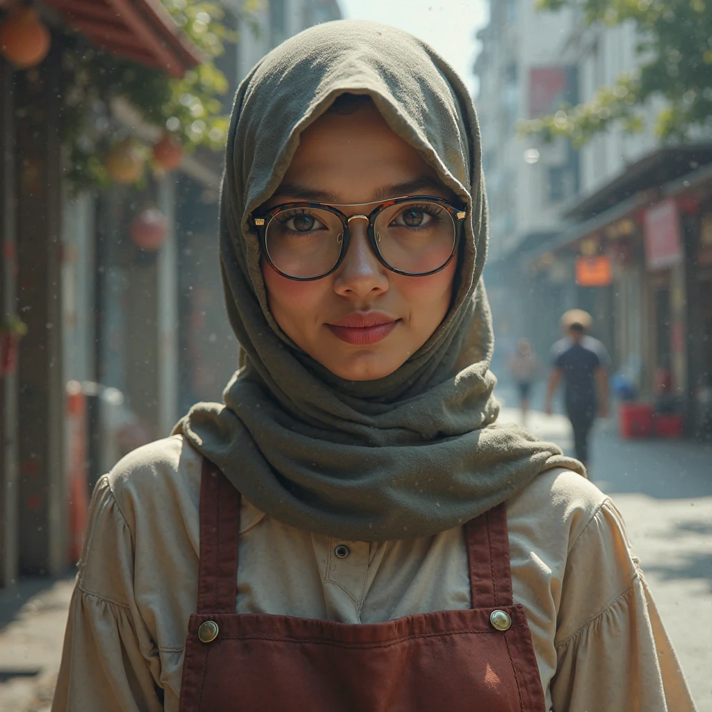 cinematic silhouette of an Indonesian girl wearing a hijab and glasses, soaking wet while swimming on the edge of the road at night behind her there are many people, facing the camera with a smile wearing tight traditional Balinese clothing, the top is slightly open and there is an aesthetic transparent red and white scarf until her nipples stick out. The photo is so detailed that the texture of the pores is visible