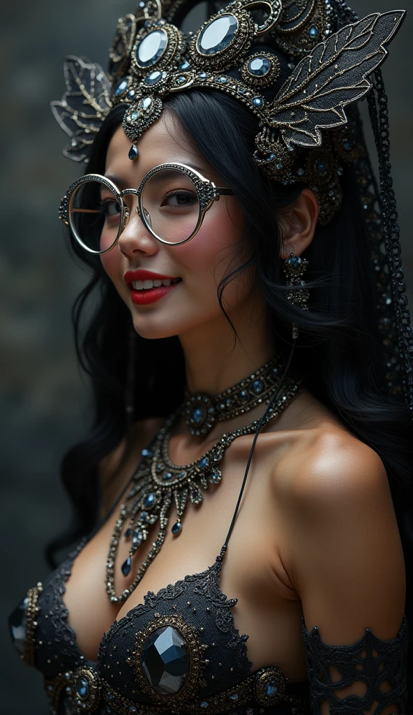 high quality walkers, 8K Ultra HD, Sharp lines  ,sharp focus, การเปิดรับแสงสองครั้งที่สวยงามของ A hyper-realistic Art Nouveau digital photo of a nude Queen of Prophecy, she smiles cutely, she is naked, her hair shimmering with ancient visions, adorned with silver tarot cards and celestial omens, surrounded by intricate deep blue and glowing gold mystical patterns. she has very dark and thicky hairy pussy. SHE WORE GOLD-FRAMED GLASSES WITH BLUE LENSES..