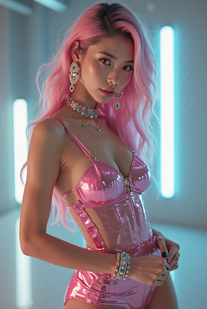 ((high quality:1.2)), (8k), extremely detailed, ((High detail:1.2)), ((best resolution:1.4)), (HotLexi), (Kenzie Reeves with pink hair), Solo, ((24 years old Vietnamese female:1.45)), ((dress)), (perfect hot body, thick thighs), (standing),
