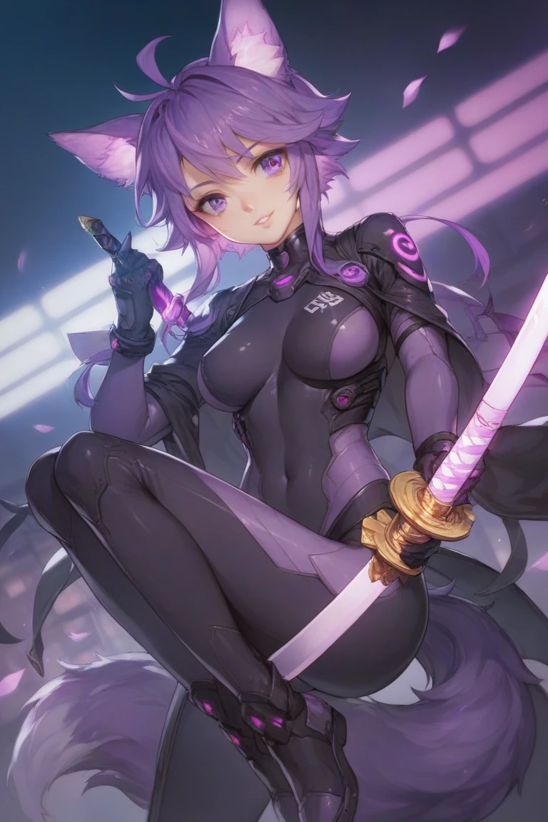 1girl, wielding purple magic, serious glare, alien, small horns, purple alien tail, purple magic, natural breasts, sci-fi, white bodysuit, pauldrons, long sleeves, light-purple hair, dark cave, masterpiece quality, ultra HD, 4K, best quality,