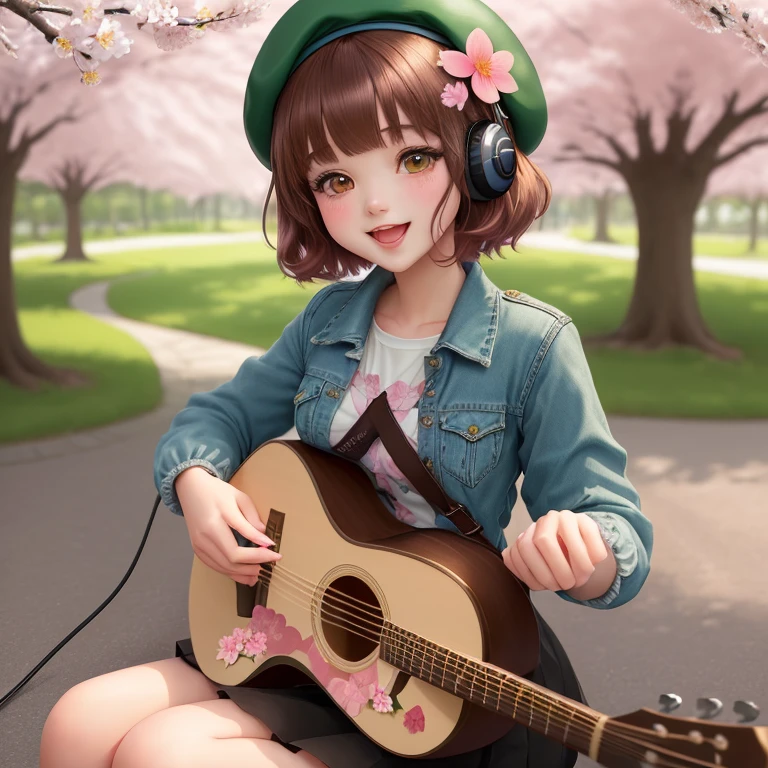(masterpiece),(best quality),(ultra-detailed), (full body:1.2),
1girl,chibi,cute, smile, open mouth,
flower, outdoors, playing guitar, music, beret, holding guitar, jacket, blush, tree, :3, shirt, short hair, cherry blossoms, green headwear, blurry, brown hair, blush stickers, long sleeves, bangs, headphones, black hair, pink flower,
(beautiful detailed face), (beautiful detailed eyes),