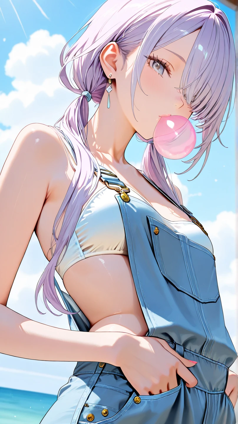 one arafed woman with purple hair and green eyes, japanese tattoo sleeve on her right arm, wet t-shirt, sfw, beach
