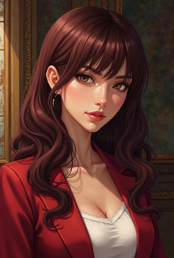 An adult woman, black spiky hair, light brown eyes degrade with yellow, red lipstick, eye shadow, blush, tired expression, affectionate smile, dressed in an open black blazer, red dress shirt, long ruby earrings, sitting in a café, putting her hair behind her ear, a little light sepia in the lighting, light effects in various directions, cold weather, indoor plants, sunny day, textured skin, high quality, wavy hair