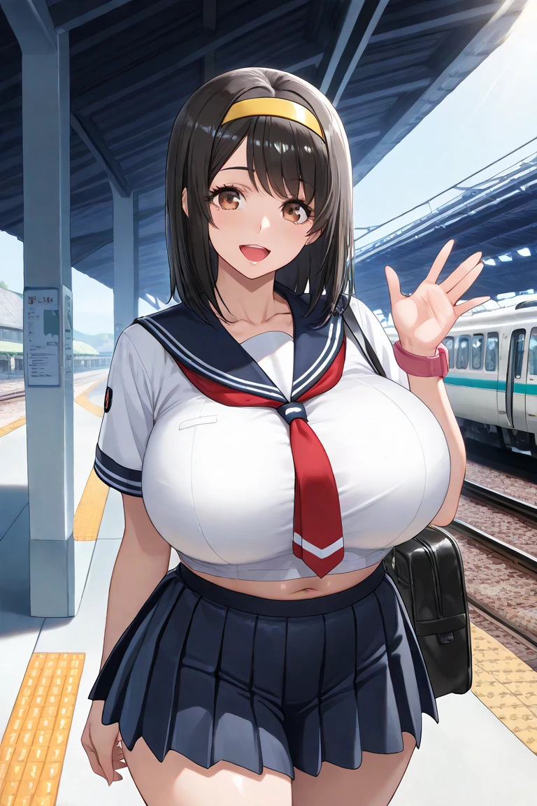 Masterpiece, best quality, small 1girl, brunette hair, wide hips, ((very huge breasts)), no pants, sailor top, backpack, (standing), from afront, bratty, ((detailed pussy)), inside train, bratty girl, o-mouth, by asanagi, underboob, pussy juice, (sloppily dressed), sweat, (pussy juice), ((crowded train)), ((multiple people)), ((multiple men)), surrounded by people, blush, detailed open mouth, (panting), gasping, exhibitionism, upskirt, by shindol,