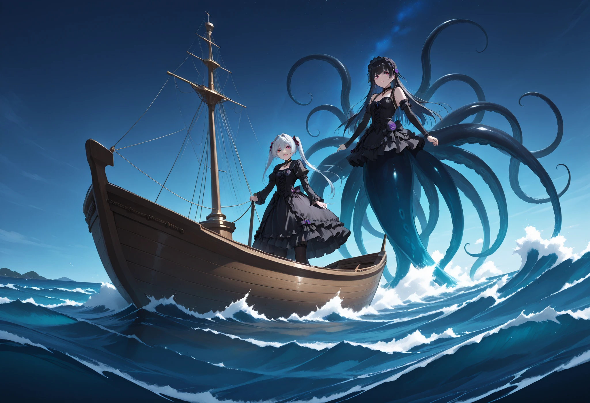 A giant girl leaning out of the sea. She's wearing a gothic dress. A dress with frills. An innocent laugh. Spider elements. Grab the ship and sink it. wooden boat. Tentacles extending from the sea. View from the ship.