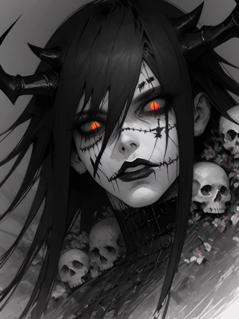 bs, solo, simple background, monochrome, greyscale, bodysuit, black background, 1other, monster, arms at sides, horror (theme) there is a large-breasted woman in the picture with her arms torn off and her face bleeding, ravens flying in the background, stocking, hot lingerie, big boobies, red paint splatted on it
