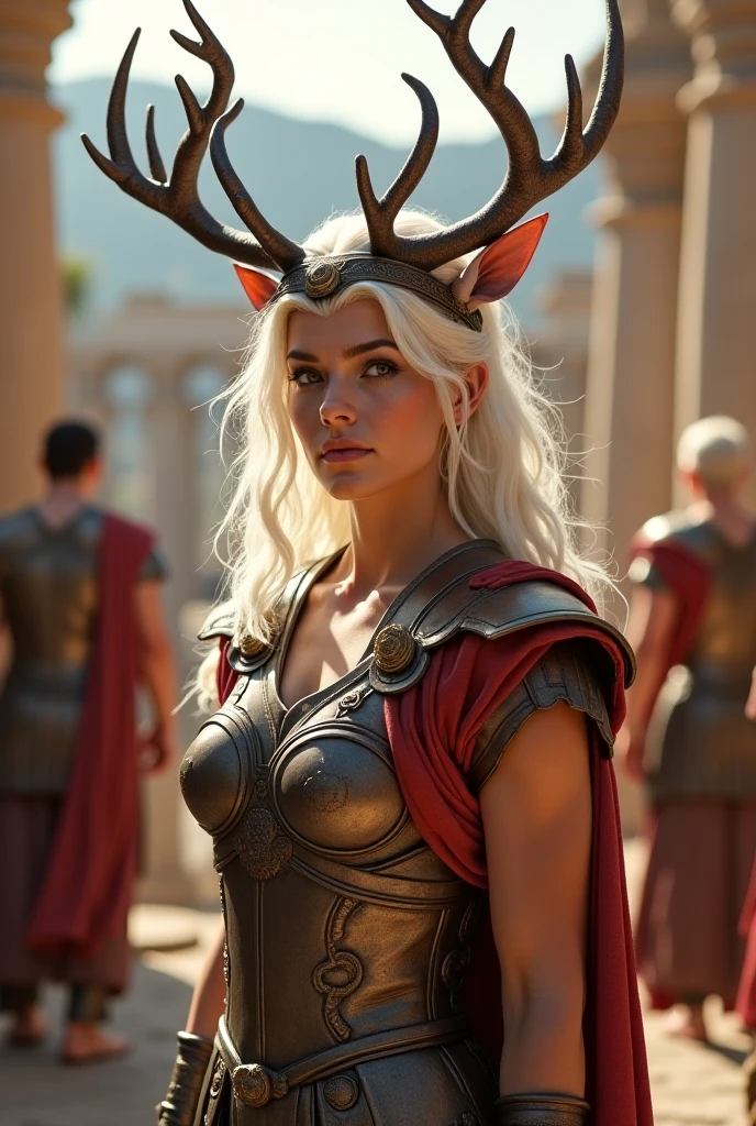 Viking warrior princess, 18 years old, long braids with golden beads, ample cleavage, gaze fixed on the viewer, fair complexion, piercing blue eyes, red lipstick, intricately designed armor, chest bared, holding a mug of mead, chestnut flecks in her hair, jewel-encrusted torc around her neck, joyfully flirting with the camera, victorious expression, high-definition realism, signature horned helmet tilting slightly, celebrating her victory amongst her jubilant warriors, battleground atmosphere with fire and banners in the background, capturing the essence of triumph and strength.