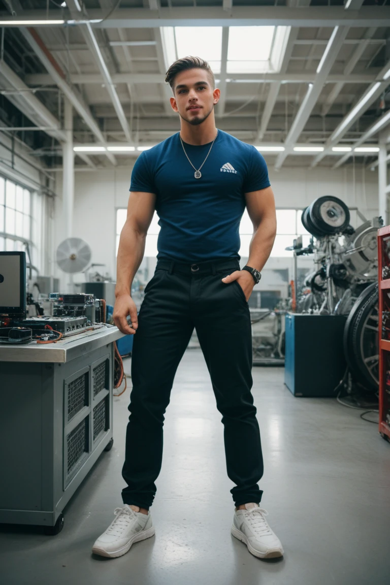 full body, Realistic, Photography, man, 28 years, short haired, stocky muscular body, White shirt, long blue jeans, and sneakers, standing in the workshop, facing the camera, stand up straight, masculine pose, calm expression, detailed face, detailed background, bright light, sunlight
