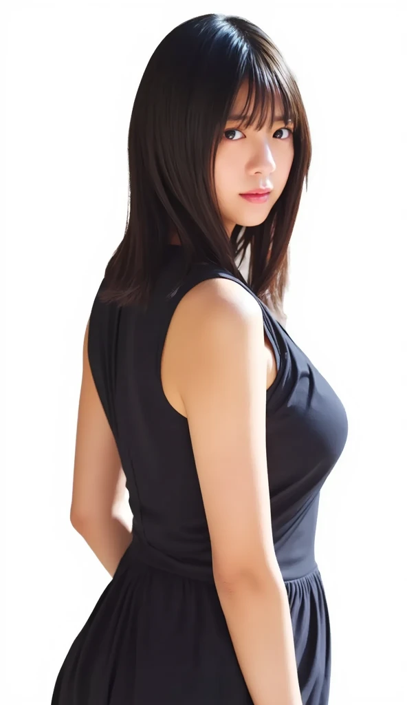 a girl who has short, beautiful shoulder-length hair and eyes that have the impression of a sharp gaze and has a cheeky and indifferent facial gesture