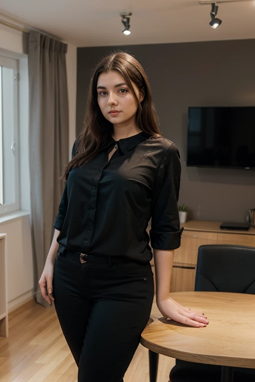 standing girl with pants and shirt, sfw, (sfw1.5), realistic hands, (background inside dark, moody, private study:1.3), portrait, by lee jeffries, nikon d850, film stock photograph, 4 kodak portra 400, camera f1.6 lens, rich colors, hyper realistic, lifelike texture, dramatic lighting, cinestill 800