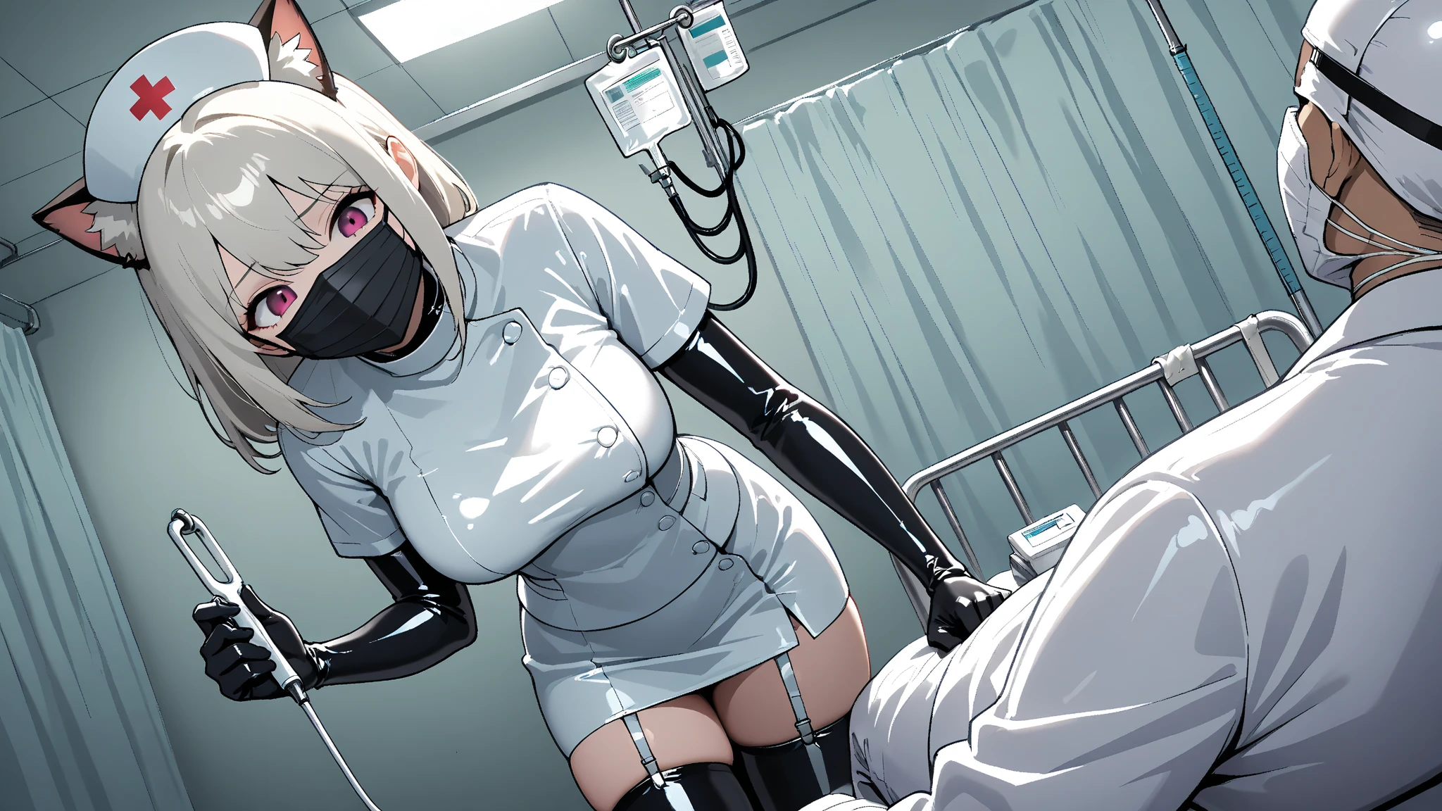 hospital, latex nurse suit,nurses,busty,elbow gloves,labcoat,silverhair woman,white eyes , gigantic boobs ,medical instruments,asian nurse,two nurses,speculum,examination room,oversize boobs, ,big ass ,strap on, lay on table ,legs spreaded,giving birth,gyno chair , dentist, bondage