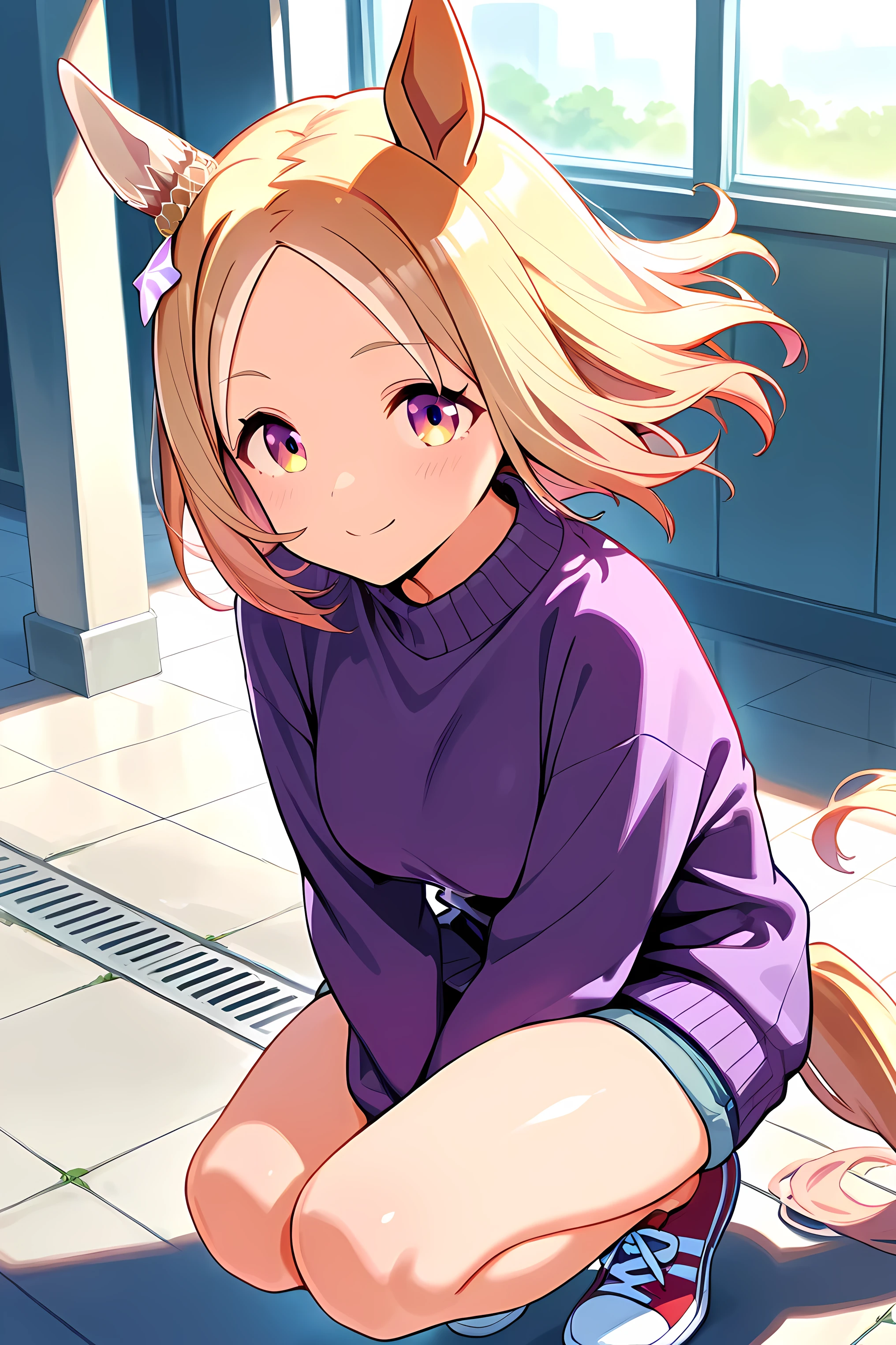 narita top road \(umamusume\),(((masterpiece))),(((detailed)))((best quality)),((hyper detailed)),(beautiful),((shinythighs)),(((shiny skin))),(high quality skin),((8k)),((high resolution)),Tying shoelaces,smile,floating hair,closed mouth,light blush,squatting,purple color sweater dress,deep green color denim short shorts,animegirl