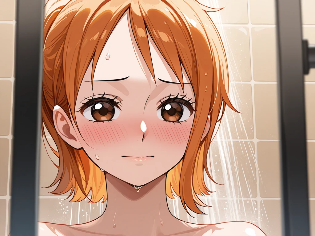 (dynamic angle),in the bathroom, Shower, splashing, rim light,  beautiful lighting, strong light,pale Light orange Hair, long hair, twintails, hair ribbon, girl１, leaning forward, (upper body), completely nude, (small nipples:1.2), (small areolas:1.2), kawaii, cute, pale purple eyes,(shy), (blush),(light smile),,vulgarity, orgasm face, sweat, perspired, drooling, drivel, saliva, love juice,