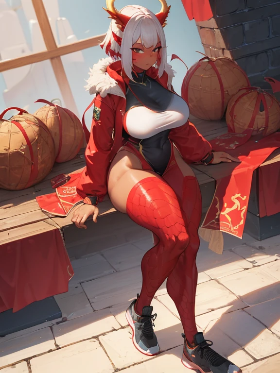 1 girl,(solo),(high-level image quality),(hight quality),(hight resolution),(detailed),(masterpiece),(artwork:1.2),(realistic),(semi-realistic),looking at viewer, standing,Detailed eyes, perfect face, perfect eyes, Detailed face,(soft shading),red eyes,white hair, (long twins braids),(leg tattoo), (cyber futuristic red leotard), fingerless gloves, (soda machine),(desert background),(erect pose),(below glasses),thong,(portrait:1.2),smile, cleavage,