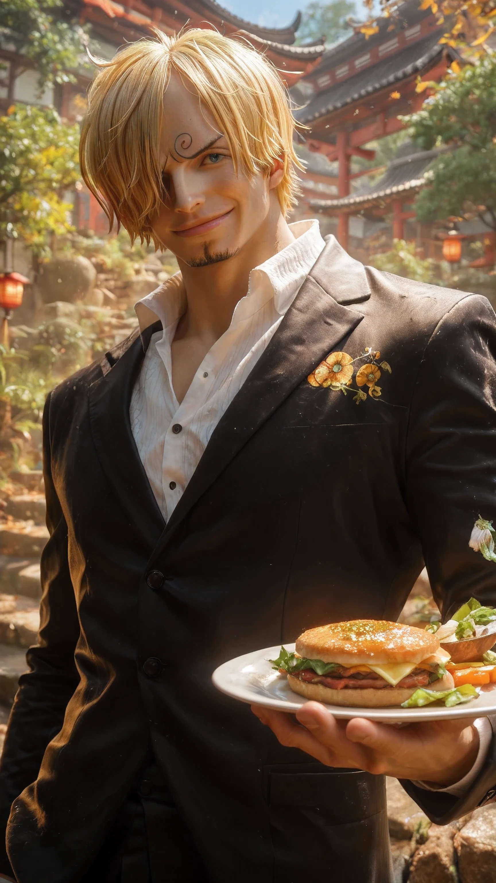 score_9, score_8_up, score_7_up, source_anime, detailed, wallpaper, beautiful details, sanji, sanji from one piece, 1boy, asian, man 27s, male focus, looking at viewer, blonde hair, realistic hair, textured hair, arched eyebrows, muscular, blue eyes, black suit, white undershirt, standing, restoran, serving food, thin smiling face, hyper realistic