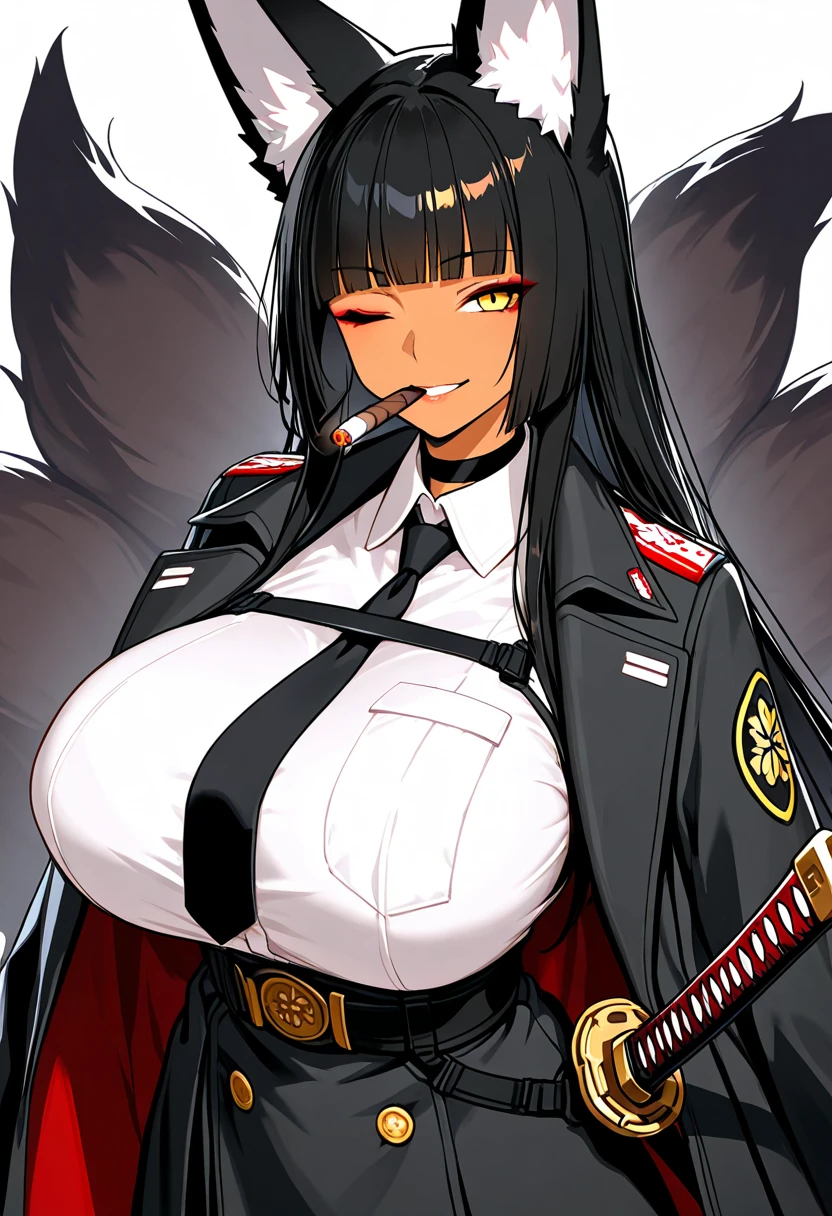 ((masterpiece, best quality)), (1girl), (solo), (female focus), female goth army officer, black leather german uniform, wearing army leather hat, strong makeup, ?????????????, tall woman, black eyes, constricted pupils, empty eyes, sadistic expression, yandere, black hair, dynamic angle, ultra detailed, 8k resolution, depth of field, sharp focus, SFV, deep shadows, red background,  dark