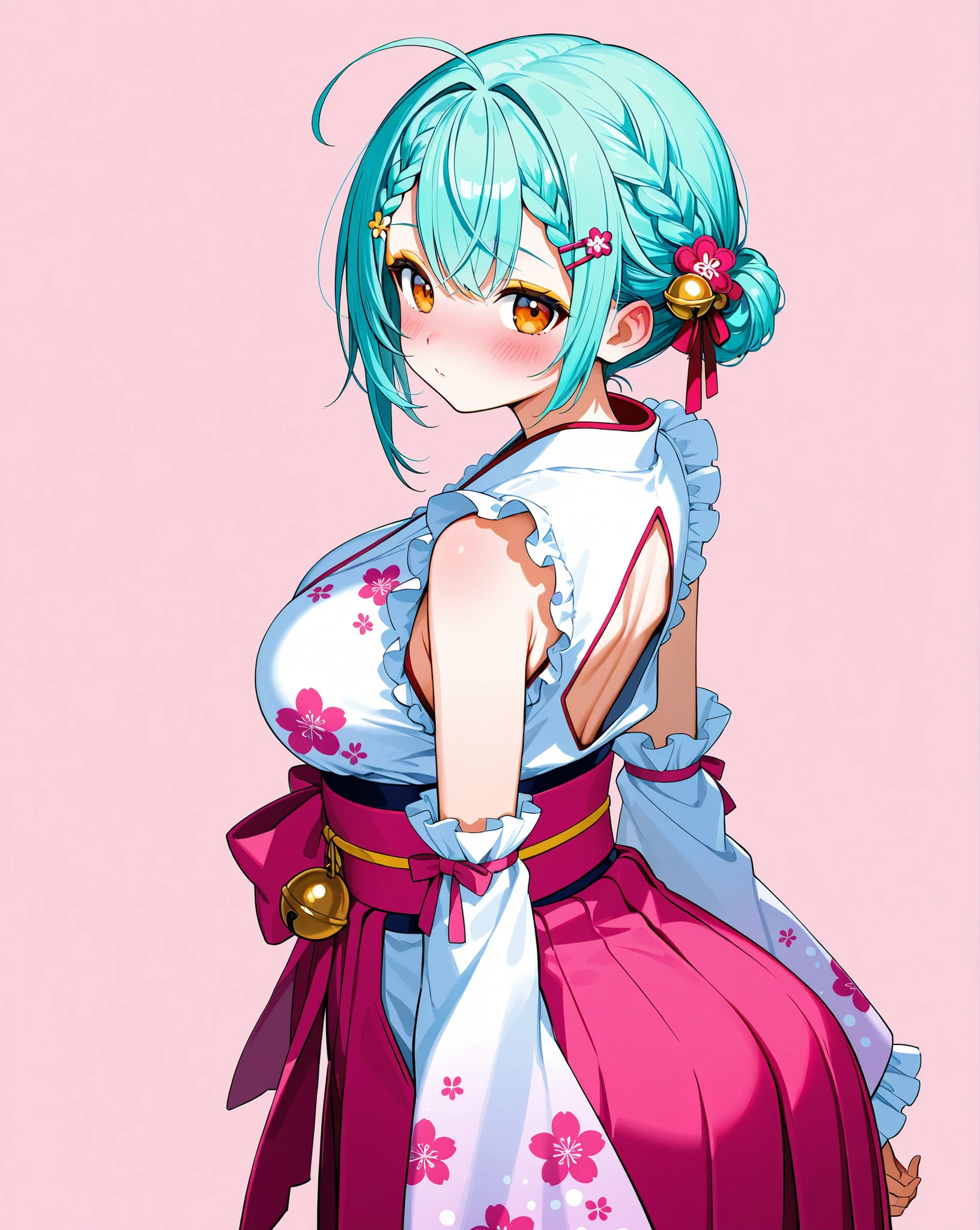 momo velia deviluke, 1girl, solo, breasts, looking at viewer, blush, short hair, bangs, skirt, simple background, hair ornament, white background, bare shoulders, medium breasts, underwear, standing, purple eyes, full body, pink hair, flower, parted lips, detached sleeves, japanese clothes, shiny, hair flower, wide sleeves, black footwear, bra, shiny hair, blue skirt, sash, cosplay, sideboob, from above, black bra, hakama, hakama skirt, hip vent, blue hakama