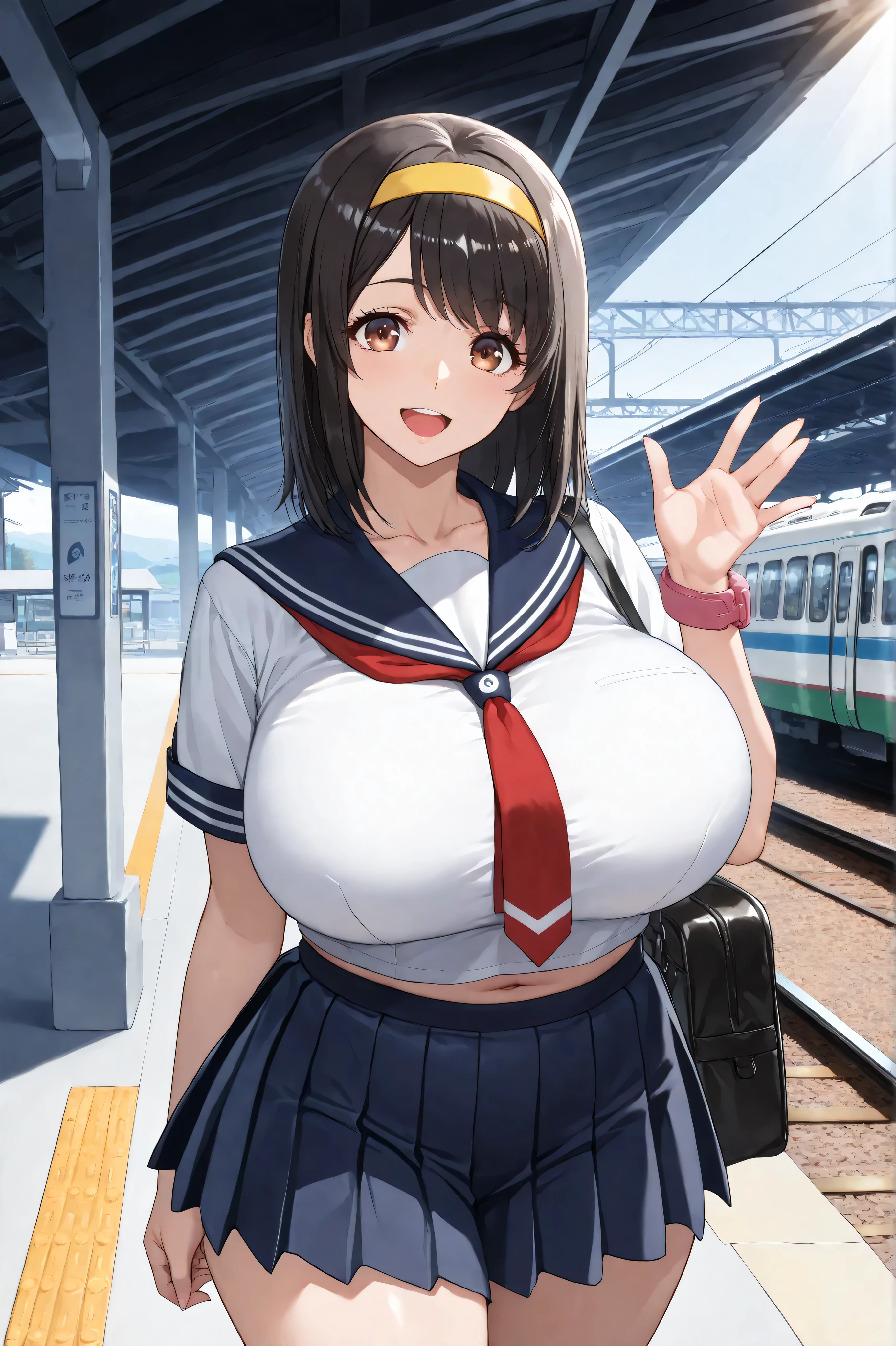 ((masterpiece:1.4, best quality)), ((masterpiece, best quality)),1girl,bishoujo,age girl,,medium hair,straight hair,black hair,asymmetry bangs, swept bangs,long sideburns,brown eyes,tareme,beautiful eyes,(long eyelashes),Curvy,Plump,bbw,huge breasts,huge hip,thick thighs,school uniform, sailor suit, traditional Japanese style with navy blue and white colors,red tie,(blue pleated skirt),short sleeves, white ankle socks,brown loafer,yellow hairband,(pink watch on the left wrist),black school bag,(train station platform),cowboy shot,frontal face,sunbeam,looking at viewer,sunlight,clear sky,open mouth,happy smile,standing,with left hand raised and waving,She is holding a bag in her right hand,showing navel