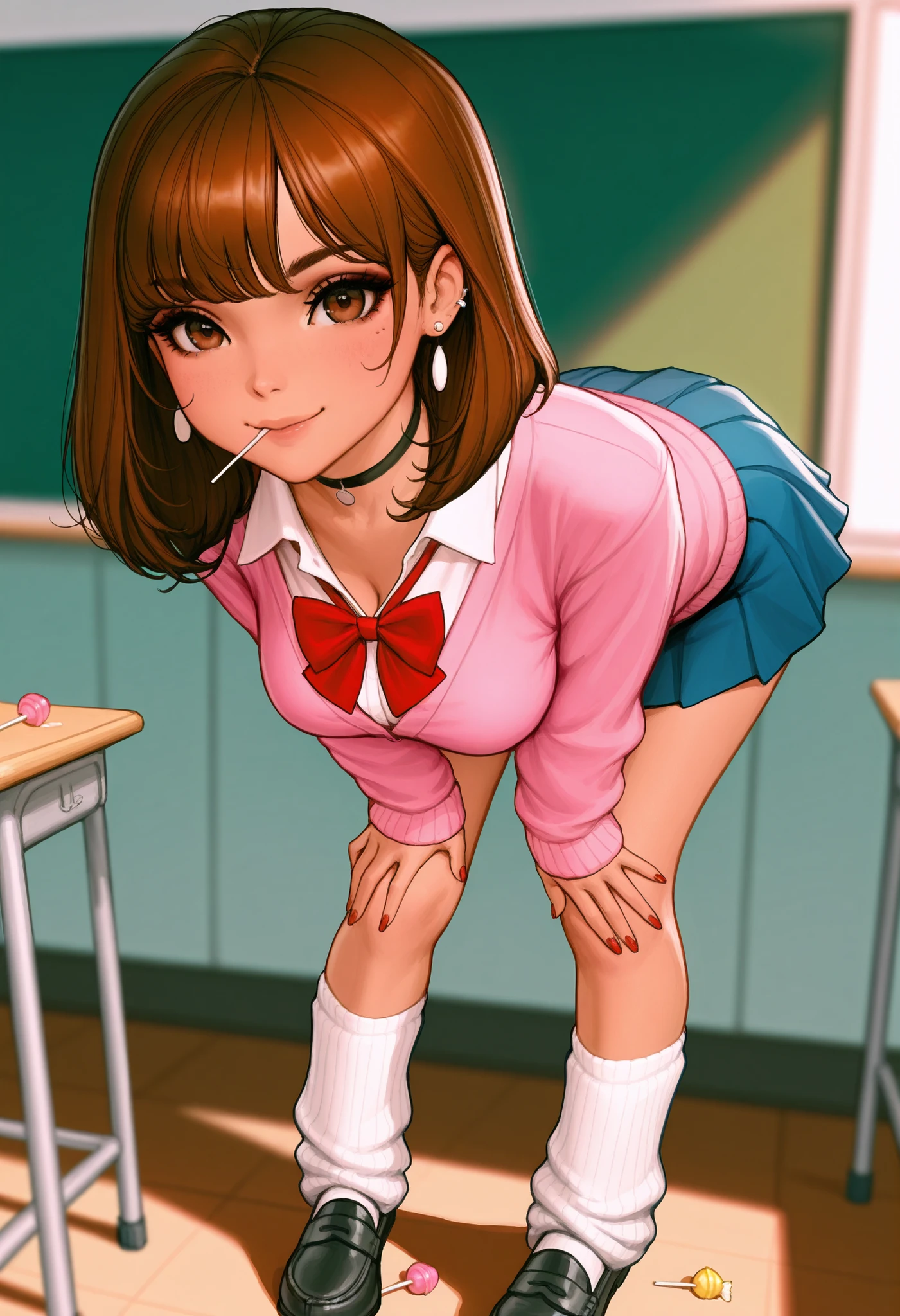 masterpiece, best quality,
1girl, outfitpss, medium breasts, brown hair, brown eyes, medium hair, black choker, earrings, jewelry,
pink sweater, pink cardigan, earrings, jewelry, black choker, white shirt, school uniform, collared shirt, red bowtie,blue skirt, pleated skirt, miniskirt, white socks, black footwear, loafers, loose socks,
candy, lollipop, leaning forward,looking at viewer, full body, bent over, standing, smile, gyaru, hands on own thighs, hands on own knees, classroom, fingernails, red nails, nail polish, , kittew, butter chalk kakune, diathorn,