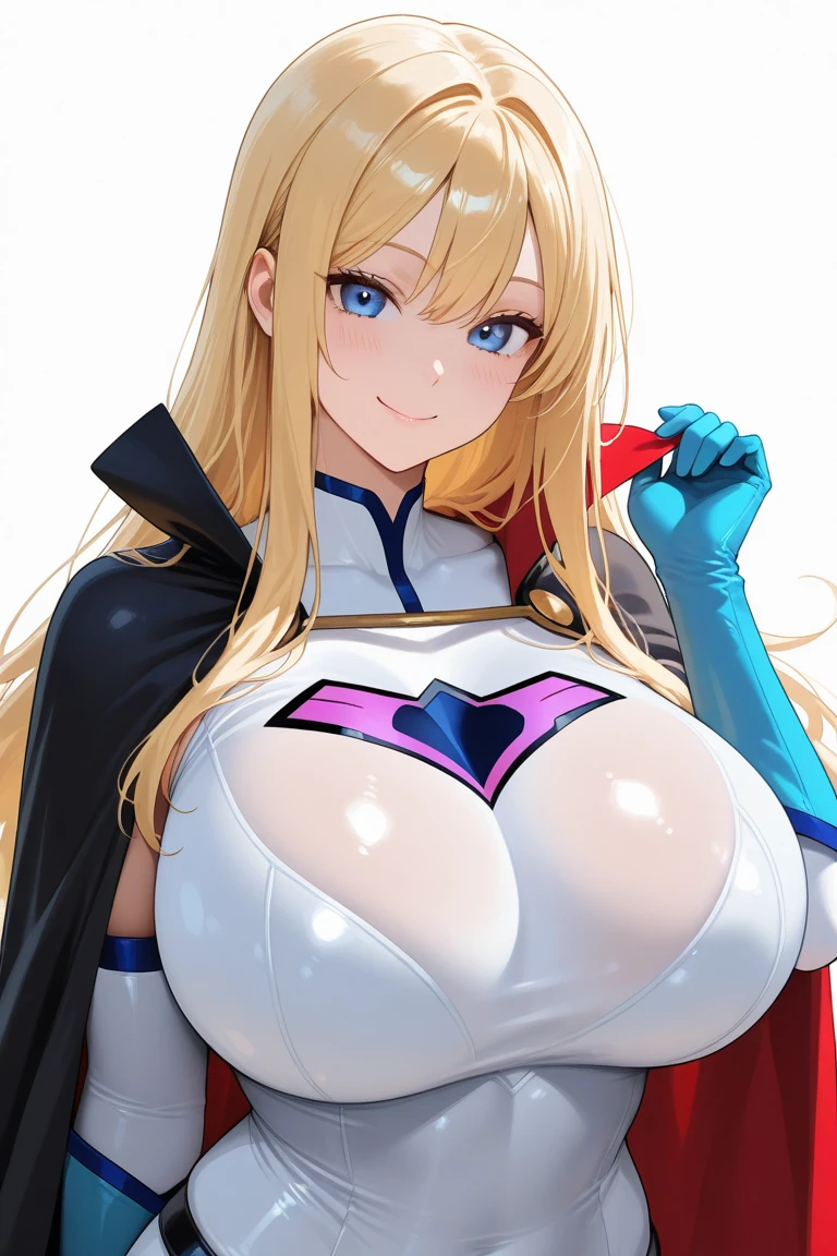 masterpiece, highest quality, Top quality, blue eyes, Stunning proportions, smile, Realistic, Beautiful female, white and dark red (((intricate bodysuit))), (((tight body))), ((mini skirt with frill)), cape, fighting pose, gold Hair, Intricate details, closed full round Big Breasts, open mouth, blush, in space at future, sparking stars,