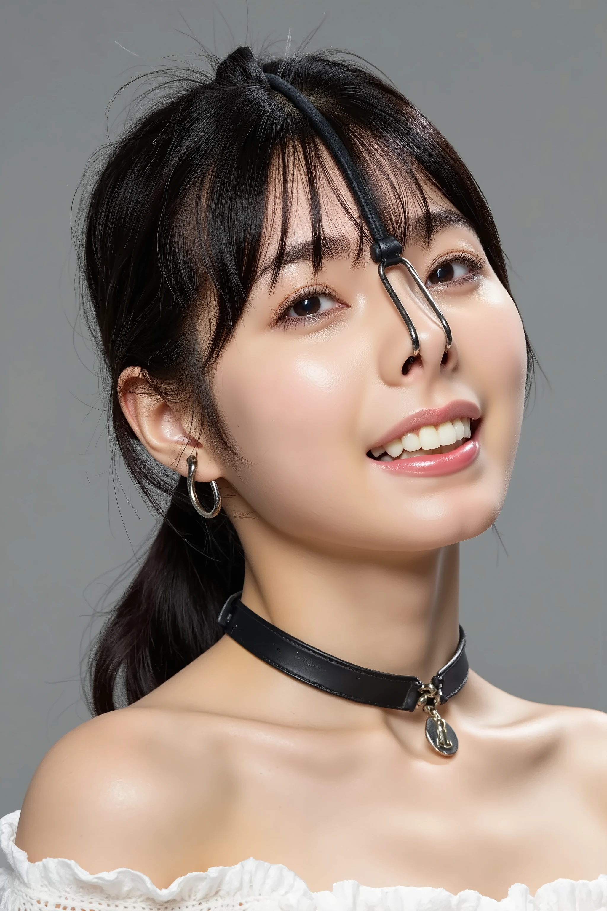 A high resolution photograph of a Japanese adult woman, masterpiece, photo-realistic, natural lighting, film grain, portrait, fashion shoot, solo, 1girl, off-shoulder dress, black hair tried back, tilted head, detailed face, detailed eyes, sophisticated nose, pale skin, fine-textured skin, full smile, dimples, pet-collar with a tag, earrings, jewelry, (nose hook with chain wrapped around top of her head, nose hook makes her nose look like a pig snout, hooking in her nostrils:1.5), (portrait, front view, view from below, facing up, chin-up, face focus:1.4), close-up of face, simple background,