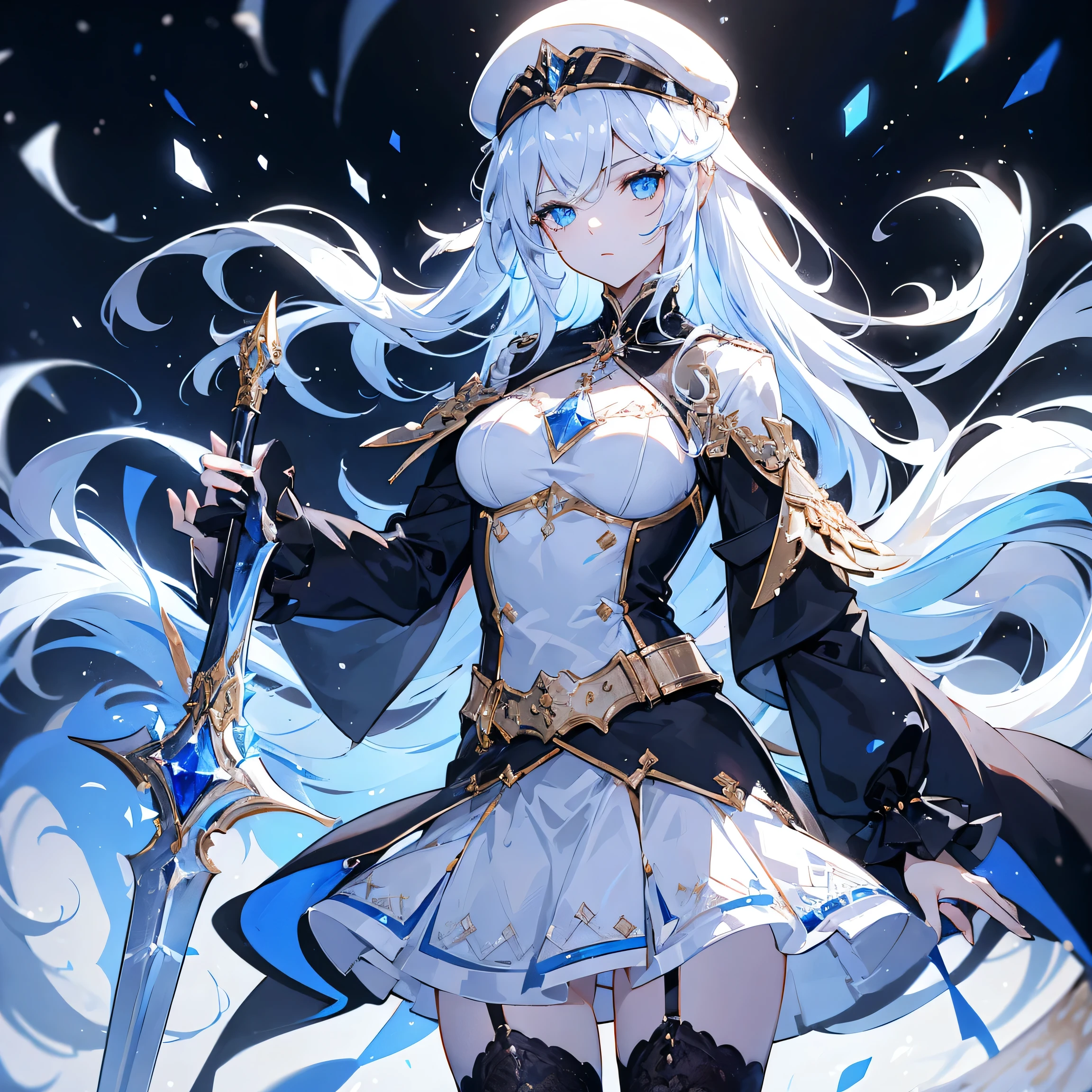 une femme, jeune, 19 ans, Swordsman , Cheveux blancs longs, Snow-white skin, regard froid, crystal blue eyes, pull noir, black skirt and stockings, cap, A crystal sword, boucle d'ear in his ear, Background with blue lights.
