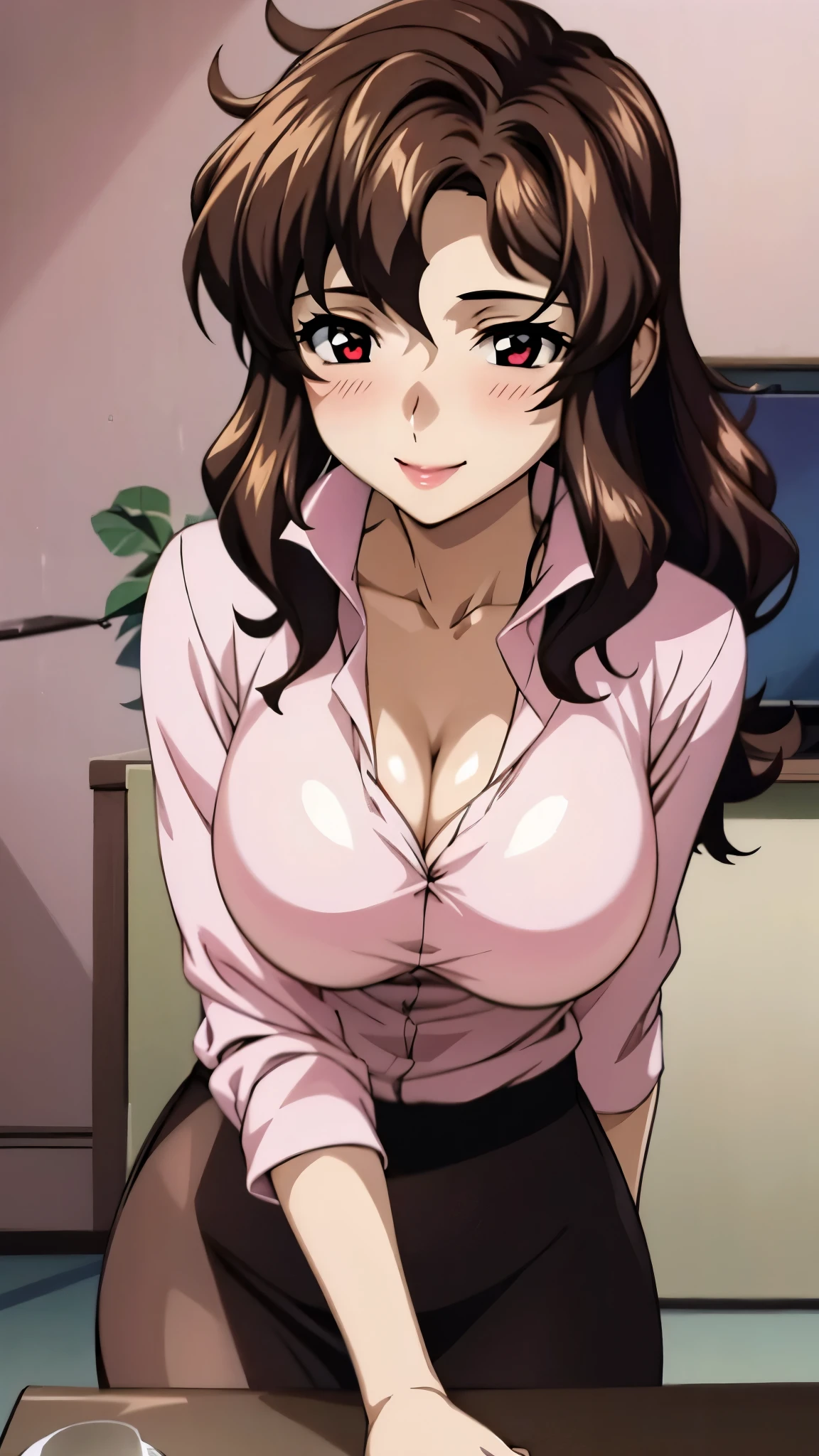 Nurse, MILF, Pink Uniform, tight, brown hair, brunette, Ahegao, cleavage.