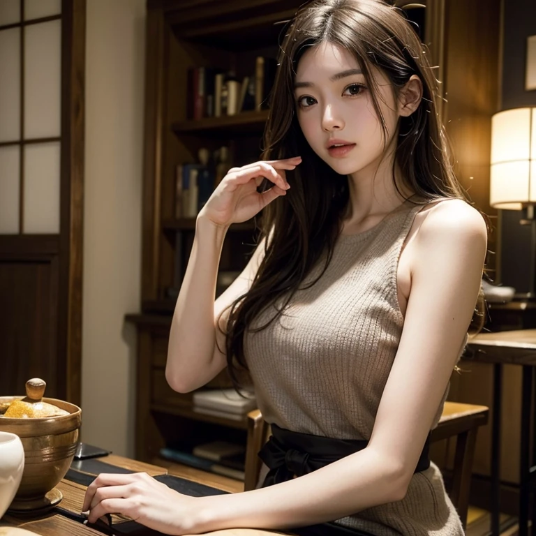 Create a photorealistic image of a distinguished female scholar or professor in a cozy, book-filled study ((semi naked art),(porn sensual art). The study is an intimate, warmly lit space, filled with the scent of aged paper and leather-bound volumes. The walls are lined with towering wooden bookshelves, filled with books of varying sizes and colors, their spines worn from years of use. Some books lie open on the polished wooden desk, which sits against the far wall, illuminated by a green-shaded banker’s lamp that casts a soft, golden glow across the workspace. The scholar is seated in a plush, deep brown leather armchair near a crackling fireplace, one leg crossed over the other, with a thick tome resting open on her lap. Her right hand holds a page delicately, as if about to turn it, while her left hand rests on the arm of the chair, fingers slightly curled. The camera is positioned at a mid-angle, slightly to the side, capturing the warmth of the firelight on her face and the rich textures of the study. The background shows a grand grandfather clock ticking quietly in the corner, adding a sense of time and tradition to the scene. Overall Scene Details: The room is designed to evoke a sense of intellectual richness and timeless elegance. The wood-paneled walls and high, coffered ceiling give the study a grand, classic feel. Various artifacts and curiosities are scattered across the shelves and desk, including a globe, old manuscripts, and a few framed certificates and awards, hinting at her long and illustrious academic career. The lighting is a blend of warm, natural firelight and soft, ambient glows from strategically placed lamps, creating a harmonious balance between comfort and scholarly seriousness. The colors are rich and warm, with deep browns, dark greens, and golden hues dominating the palette, making the study a sanctuary for deep thought and reflection.