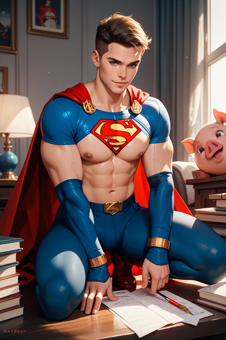best quality, masterpiece, final fantasy 8, cosplay, squall leonhart, seifer almasy, wearing a superman costume, superman symbol on his chest, clamps, ballgae mouth, green collar and chain on the neck, a green cock ring on cock, a pink dild his ass, blu face, lying bed, arms chained to the bed, blond hair, another person's hands feelinis abs, sexy, gay, homoerotic, big bulgeisible penist view, perfect fingers, sweaties, no watermark, no logo, no signature, wet cum on the crotch