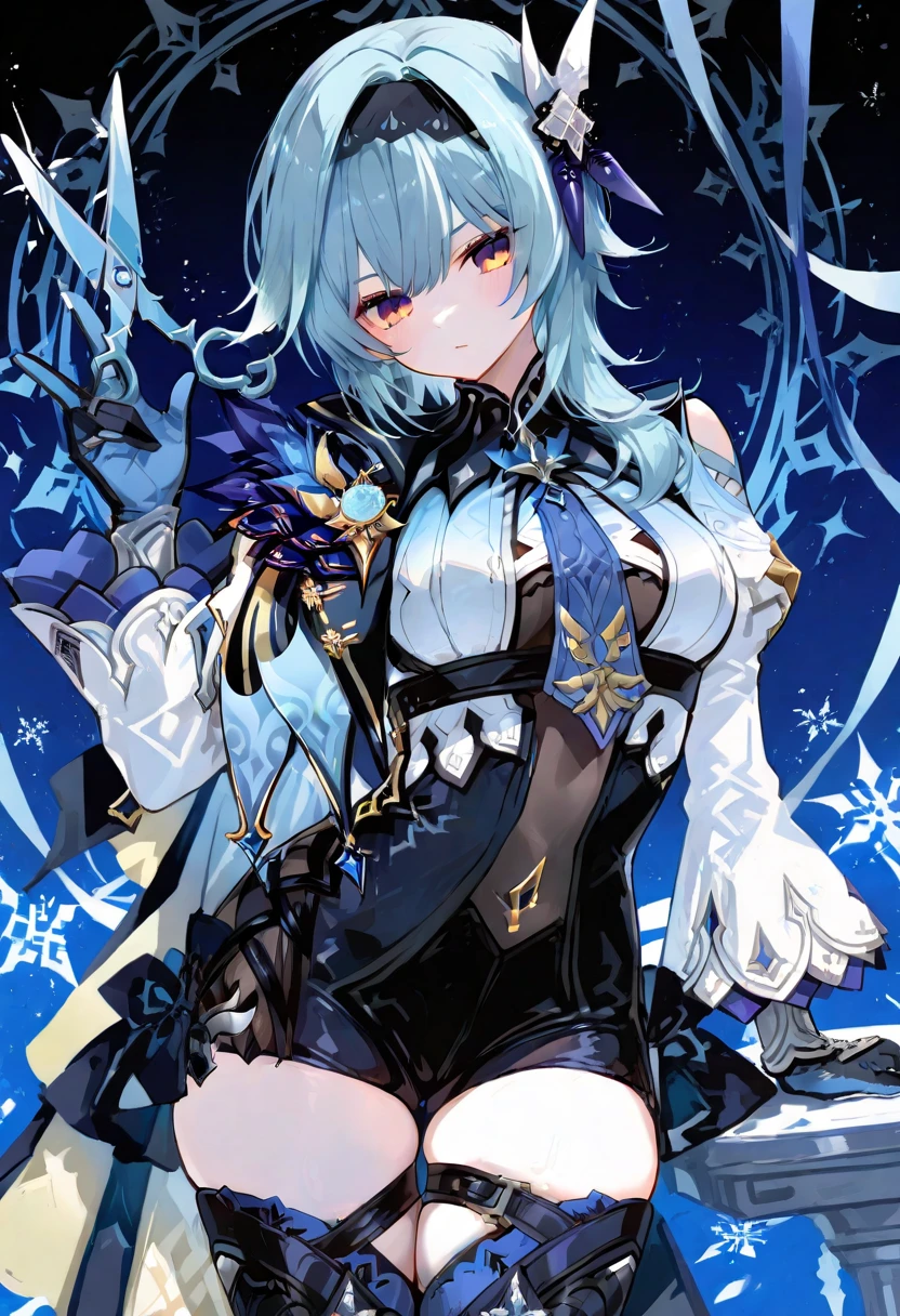 Girls, White hair, Blue Highlights, Cyan's left eye, blue  right eye, teenager, Female aristocratic cloth, neatly dressed, costume with blue accents, White shirt, Blue jacket, short white pants, Medium short hair, Solo, Heterochromia, wearing hat, Wearing gloves, Left white glove, Black right glove, multicolored hair, Ahoge, ascot, Black Ascot, Long sleeves, Blue top hat, Jacket, butterfly, frilly sleeves, Mismatched gloves, Thigh straps, medium breasts, full portrait of elementalist,  Mismatched pupils, multicolored eyes, High quality, Best Quality,