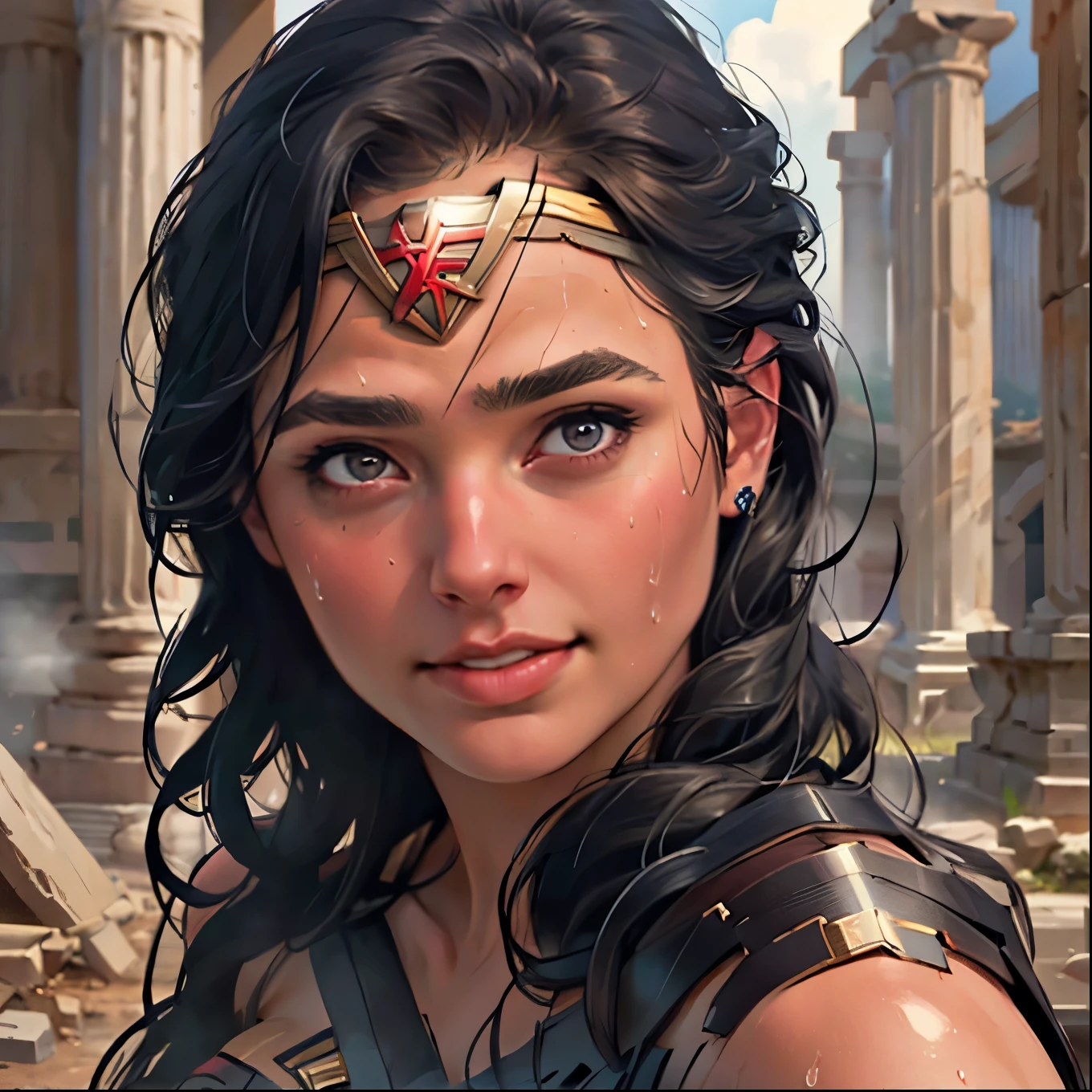 (masterpiece:1.3), (8k, realistic, RAW photo, best quality: 1.4), ((one woman)), ((Gal Gadot, Wonder Woman)), beautiful face, (realistic Face), Beautiful Hairstyle, realistic eyes, beautiful details, (realistic Skin), beautiful skin, absurd, charm, super high resolution in the shot, super real, very well detailed, golden ratio, (best shadow), movie, (complicated:1.4), (placed in front of her), smile, sweat, plump body, BREAK (( Greek temple ruins )), (steam:1.2), cowboy shot