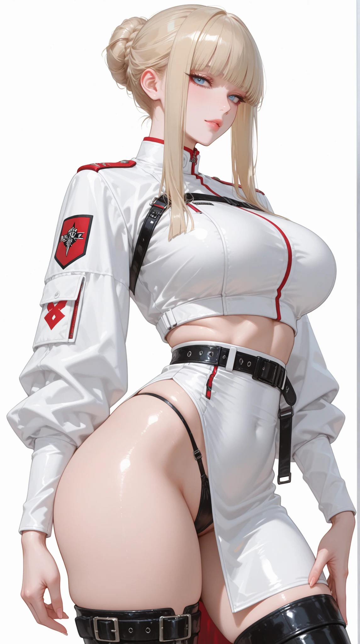 random cowboy shot the 4 cardinal points, masterpiece, Lucia_Crimson_Weave, heterochromia, black bikini, bandaged arm, white jacket, red goggles around neck, looking at viewer, upper body, ((view from below)), nsfw