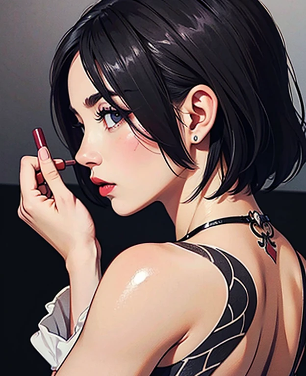 (8k, Highest quality, masterpiece:1,2), anime, Highest quality, masterpiece, woman,cool , Beautiful white skin, Beautiful Eyes, short hair,black,tobacco,tattoo