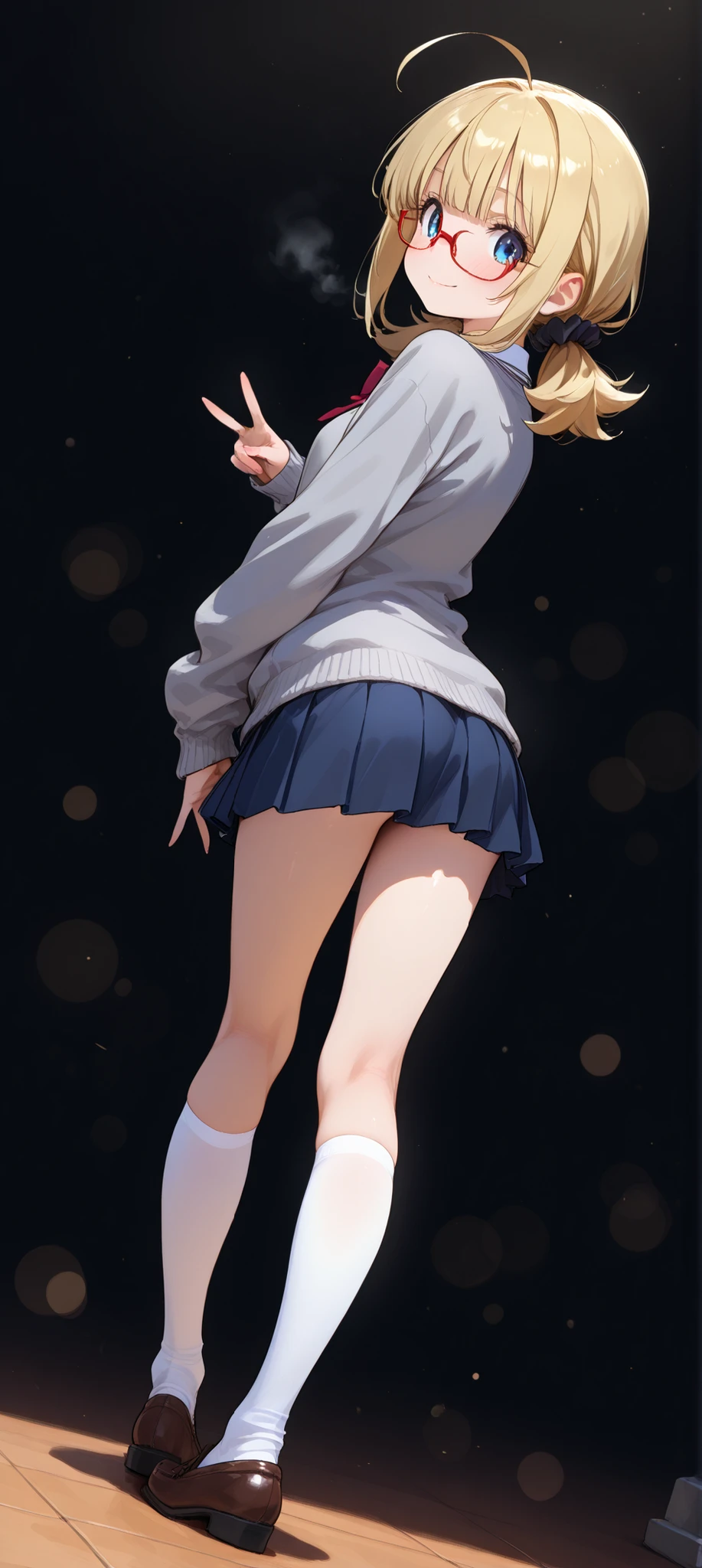 wide shot, full body, (Head-to-toe shot:1.2), from behind, looking at viewer, looking back,1 girl,arched back,Dutch angle,high angle, front light,making a V sign,high school student,svelte body,petite,blue eyes, red-frame under rim glasses, fair smooth skin, glossy lips, charming smile,long blonde unruly hair, low twintails, {flipped hair},black scrunchie,center-flap bangs,ahoge,small breasts, school uniform,Grey cardigan,Navy blue pleated skirt,White knee-high socks, brown loafers,Kyoto Animation, masterpiece, best quality, ultra high resolution, rich in contrast, very high quality,anatomically correct, detailed eyes, ultra detailed illustration, very beautiful and detailed anime face and eyes, texture, ultra high resolution, RAW photo, {{bokeh}},{{No background needed}},{{{black background}}},
