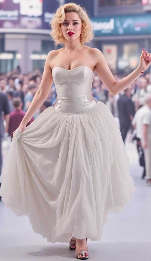 "((masterpiece)), best quality, sensual Victorian dress, happy and elegant Lauren Jauregui strolling through a lively city, wide shot, exciting scenery in the background, golden light, soft shadows."