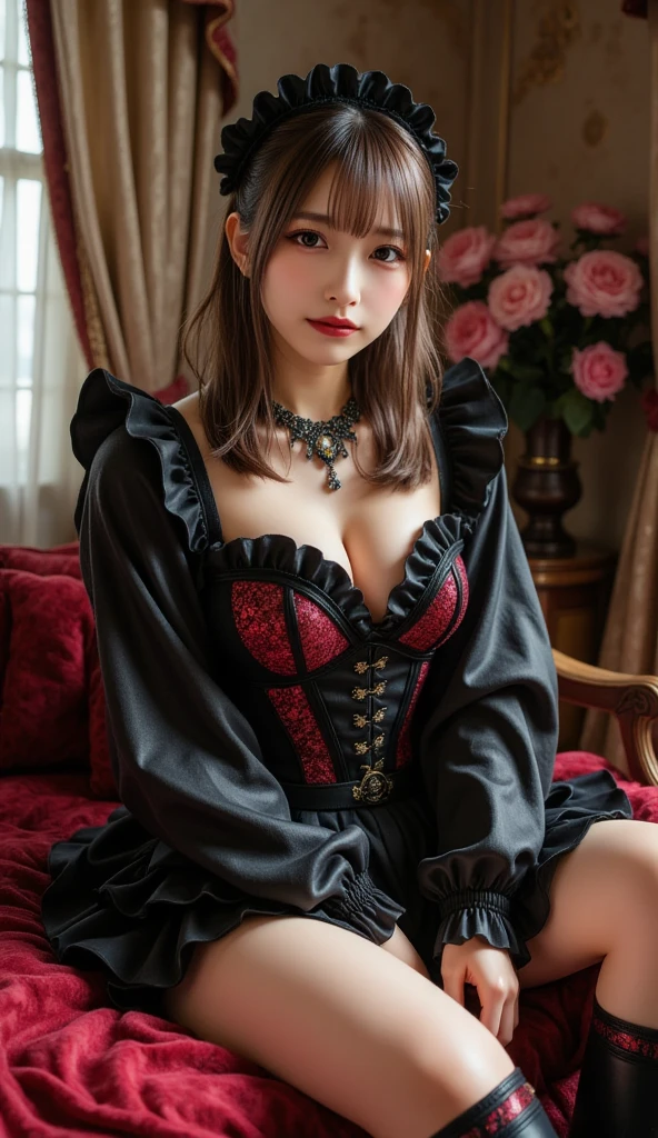 1girl, <lora:tutuZF:0.8> tutututu,red_skirt, school uniform, black_bra, underwear, lingerie, midriff, red_sailor_collar, high heels,(black pantyhose),nsfw,
(ultra realistic,32k, masterpiece:1.2),(high detailed skin:1.1),( high quality:1.1),
detailed hair,
intricate detail,
(detailed realistic background:1.3),
realistic lighting,
[cinematic lighting|sunset lighting],
hyperrealism,
soothing tones,
muted colors,
high contrast,
soft light,
sharp,
artistic photoshoot,
dutch lace braid ginger hair,
cute,slender,european, eyes,pale cheeks,square face shape with angular jaw,natural "no-makeup" makeup,freckles,
Petite, senior,g-cup breasts, 
Victorian, Mahognany , Velvet drapes, Sofa, Chairs,