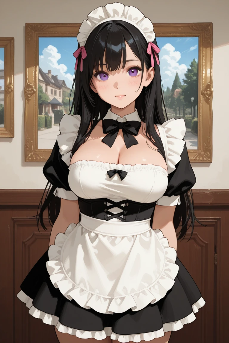 (masterpiece, best quality:1.4), illustration, 8k, hd, 1girl, solo, twin tails_hair, black_hair, dress, black_thighhighs, no underwear, short_sleeves, frills, apron, grey_eyes, cleavage, metal_collar, anchor_choker, maid, white maid, ((big breast, goth girl, piercing, black lips, black eyelashes, sarcastic, angry)), (restaurant, maid cafe)