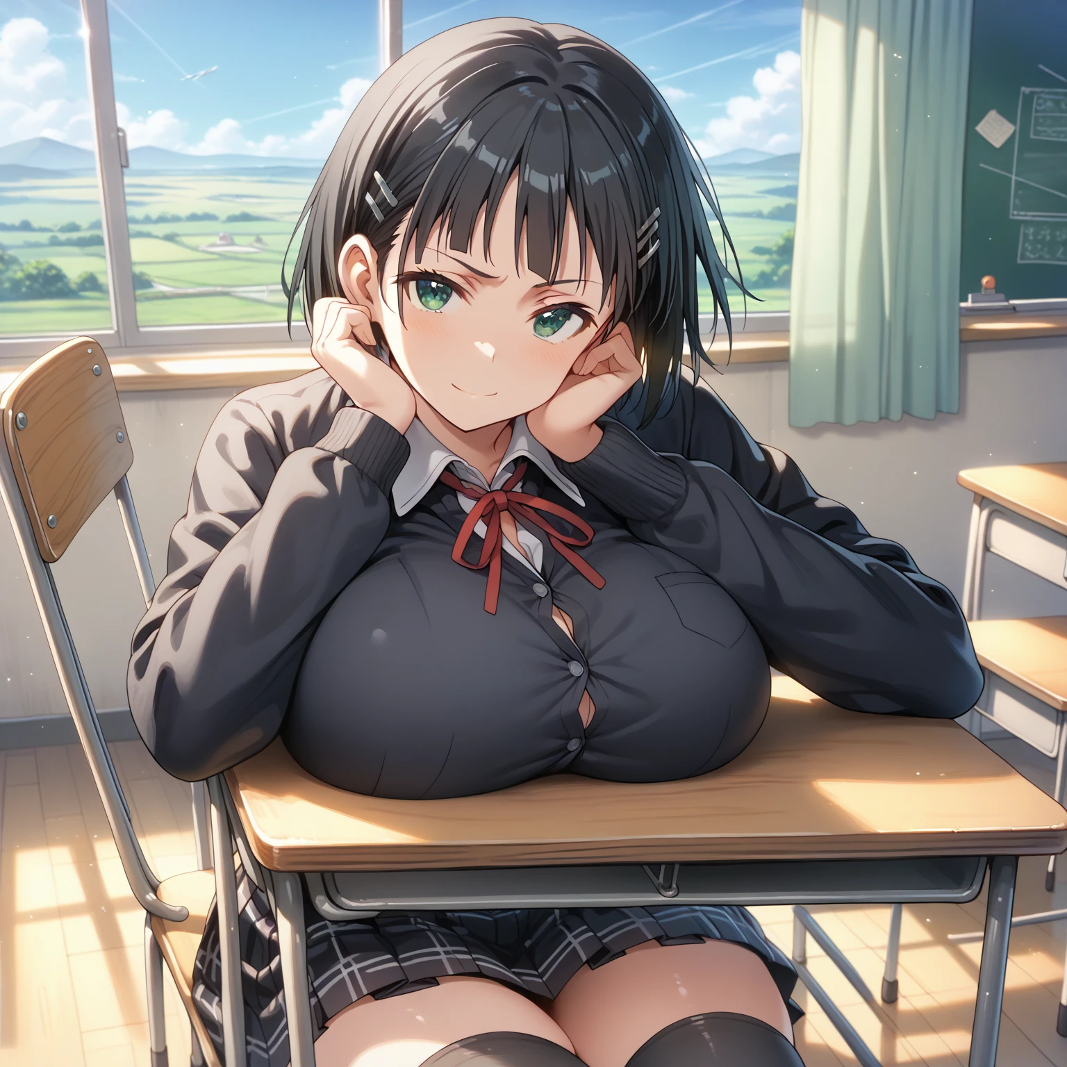 masterpiece,highest quality,(Super detailed),written boundary depth,perfect sentence, Detailed CG,Super detailed,(highly detailed eyes,very cute face,highly detailed face:1.3),beautiful anime girl,(solo girl:1.9),(super huge breasts:1.9),(black hair,short hair,2 sides up:1.7),(big yellow eyes:1.5),(low length),jitome,(smile full of joy),open your mouth,break,(university uniform,white collared shirt),red tie,micro mini skirt,black pleated skirt,classroom,sit on a chair,take one day off'chin on one'chin,cowboy shot,angle from below