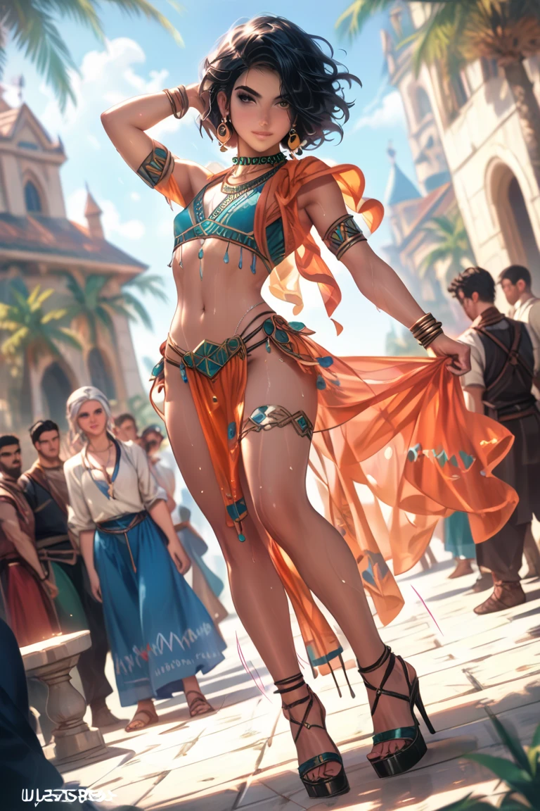 masterpiece, 1girl modelshoot, full body pose, cinematic, dramatic, super detailed and intricate, by koson ohara, by darwyn cooke, by greg rutkowski, by satoshi kon, by greg tocchini, by kaethe butcher, by ashley wood, dynamic lighting, gradient light blue, brown, blonde