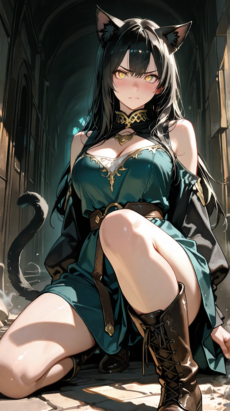 anime girl with black hair, a dragon on her head, a medusa snake in her hands, and a bird in her eyes