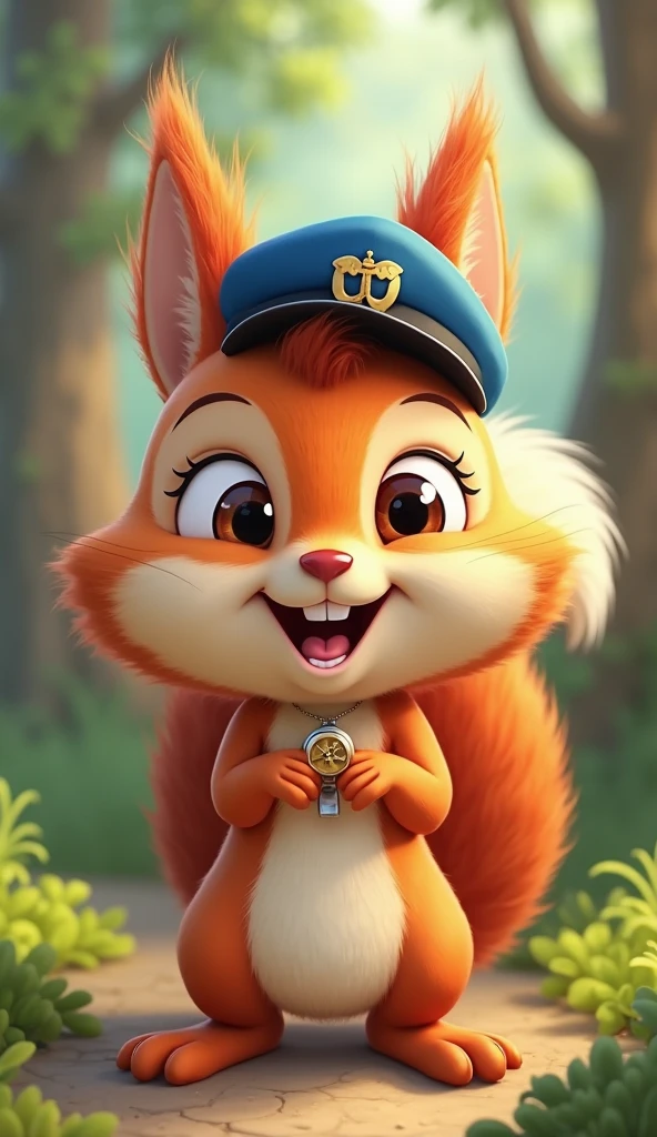 Tilly  – a cheerful, cartoony red squirrel with a little blue train conductor hat and whistle.