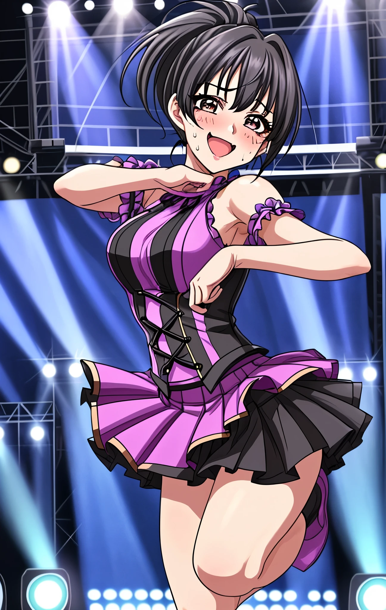 45 age 、mature women、black hair、ponytail、Full body painting、 cute idol costume 、Wearing a short-sleeved miniskirt、Hair tied up、Dark Eyes、I'm sweating a lot、My face is sweaty 、My arms and legs are sweaty、is blushing、 Very Embarrassing Smile 、open your mouth、Flip over a very short skirt、panties、Image viewed from the bottom of the front、singing on stage、idol group dancing with both hands smiles、