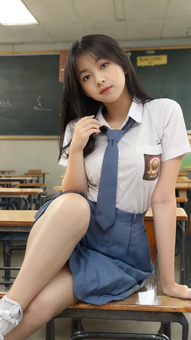 ((Best quality, Masterpiece, 8K)), 17 years old Indonesian girl. Wear Indonesian high . White shirt, gray skirt. Black belt. Beauty, half layered hair. Big breast. Sitting on the table of classroom, flirty pose. Open two legs apart, lace panties, close eyes. Orgasm expression. Full body