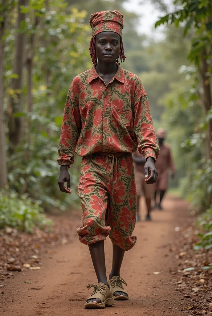 Digital painting of an African boy walking in a jungle bare foot