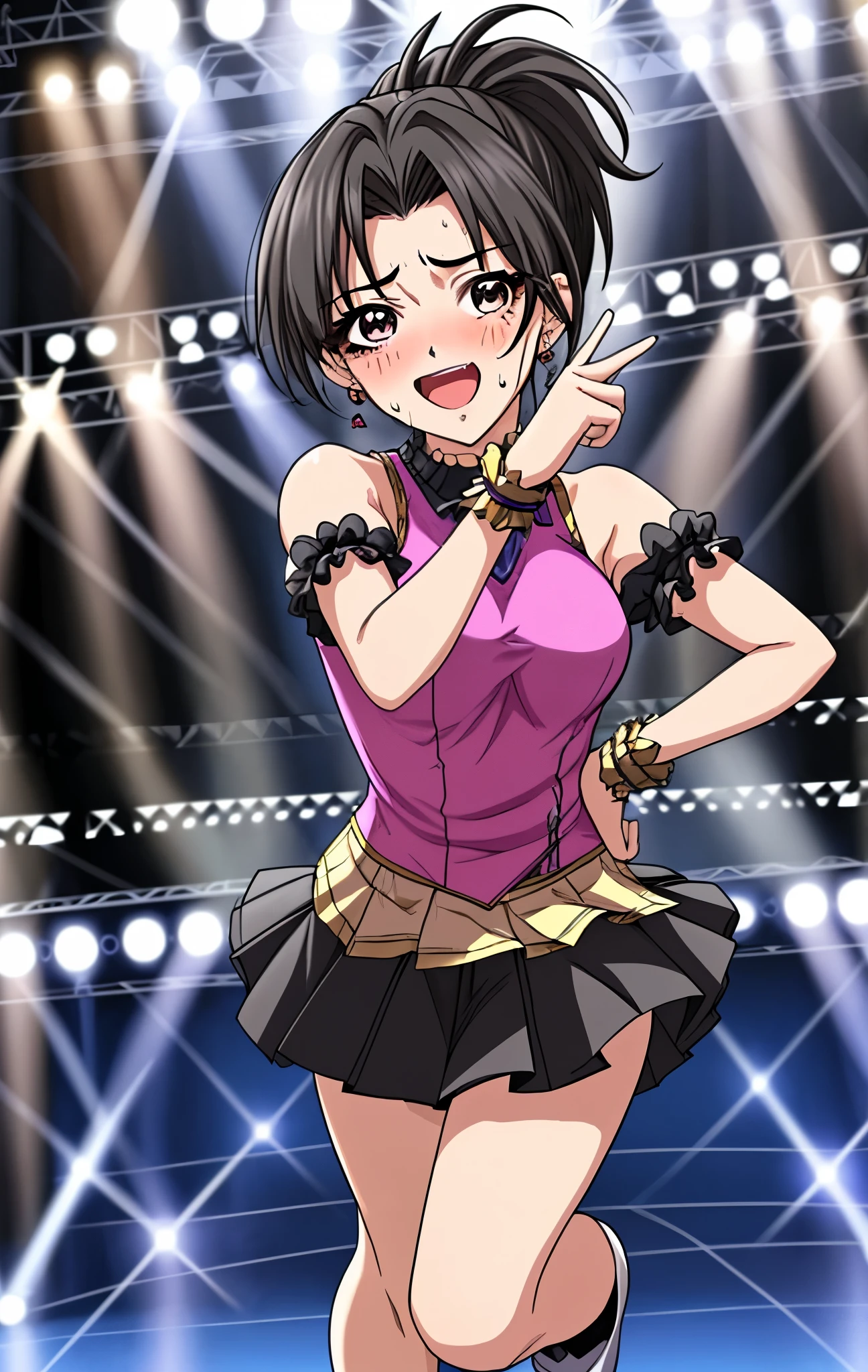 45 age 、mature women、black hair、ponytail、Full body painting、 cute idol costume 、Wearing a short-sleeved miniskirt、Hair tied up、Dark Eyes、I'm sweating a lot、My face is sweaty 、My arms and legs are sweaty、is blushing、 Very Embarrassing Smile 、open your mouth、Flip over a very short skirt、panties、Image viewed from the bottom of the front、singing on stage、idol group dancing with both hands smiles、
